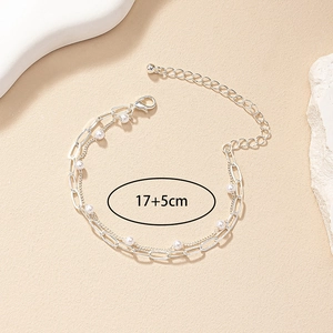 Bracelet double rang en perles argentées avec chaîne d'extension ajustable de 17+5cm