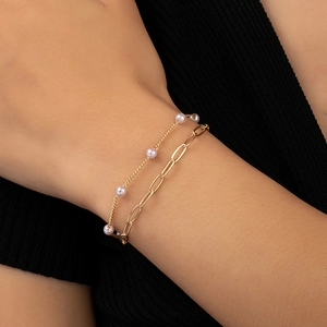 Bracelet Double Couche Alliage Imitation Künstliche Perle Chaîne Trombone Géométrique Élégant Mode Bijoux De Poignet Pour Femmes