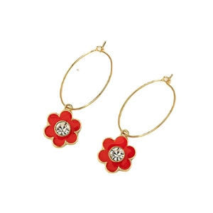 Elegante rote Emaille-Blumen-Ohrhänger mit klarem Strassstein auf weißem Hintergrund