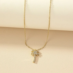 Alloy Rhinestone Palm Tree Pendant Necklace Gold Color Summer Beach Style Tropical Jewelry For Women