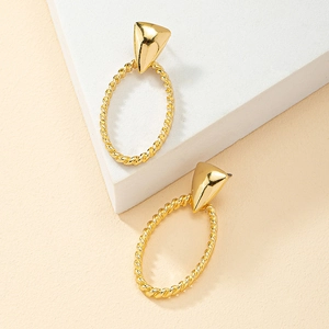 French style gold-tone alloy textured drop earrings with geometric oval twisted design