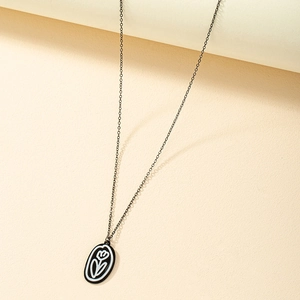 Collier Pendentif Fleur De Tulipe En Alliage Émail Pièce Ovale Style Rétro Minimaliste Bijoux Pour Femmes Mode Noir