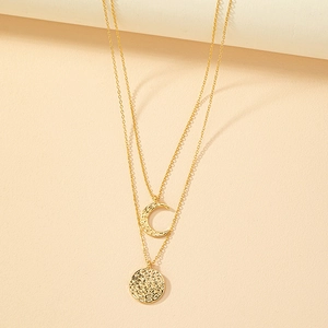Layered Necklace Gold Plated Alloy Hammered Moon Crescent Disc Pendant Minimalist Jewelry For Women