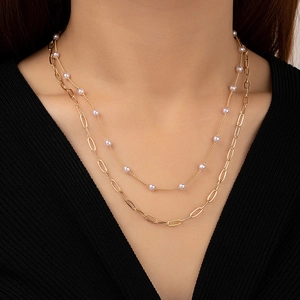 Collana A Doppio Strato In Lega Catena A Graffetta Con Künstliche Perle D'Imitazione Bianche Gioielli Eleganti Alla Moda Per Donna