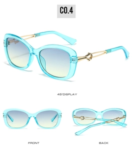 Three-view display of transparent blue square sunglasses with gold metal temple detail