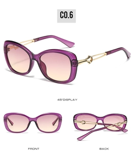 Detailed multi-angle views of square purple gradient sunglasses with gold temple accents