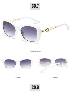 Detailed views of white square sunglasses with purple gradient lenses and gold temples