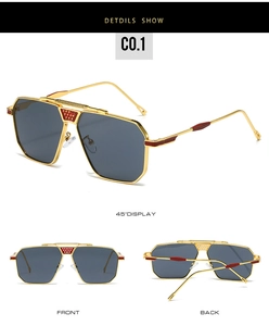 Détails de lunettes de soleil aviateur en métal avec accents rouges et verres gris