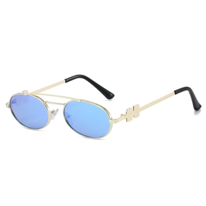 Vintage oval sunglasses with gold metal frames and blue lenses featuring H logo detail