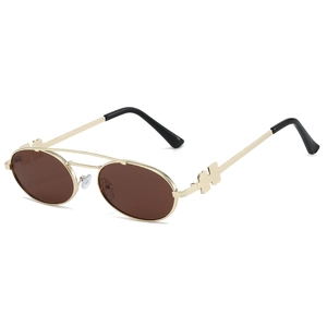 Retro oval sunglasses with gold metal frame and brown lenses featuring dual bridge design
