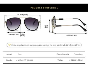 Size guide for aviator sunglasses showing frame dimensions and technical specifications