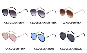 Detail grid of double-bridge aviator sunglasses in six metallic frame and lens colors