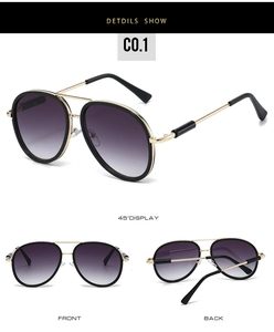 Three-view layout of aviator sunglasses with gold frames and purple gradient lenses
