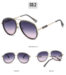 Three views of pilot sunglasses with double bridge and purple gradient lenses