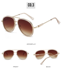 Three-angle view of gold pilot sunglasses with brown gradient lenses and double bridge