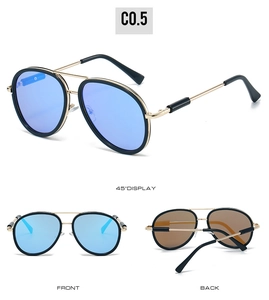 Three-view display of aviator sunglasses with double bridge and blue mirror lenses