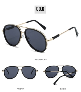 Multiple views of oversized aviator sunglasses with gold metal temples and black frame