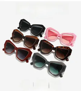 Detail view of multi-color geometric sunglasses in six trendy styles on white background