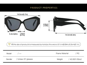 Detailed size chart for polygon oversized sunglasses with frame dimensions in centimeters