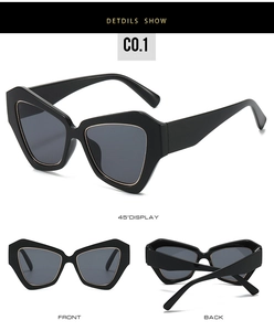 Detailed multi-angle views of black geometric oversized sunglasses with gold inner frame rims