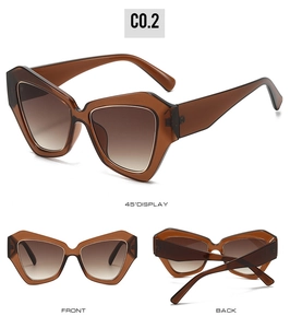 Three-angle view of brown geometric cat-eye sunglasses with gradient lenses