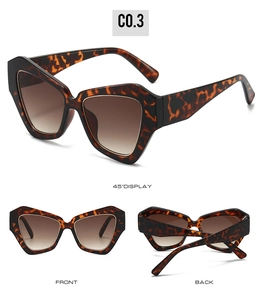 Three-angle display of stylish tortoise geometric cat eye sunglasses with brown lenses