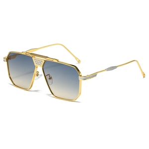 Lunettes de soleil oversize en métal doré avec verres dégradés bleu-jaune et double pont