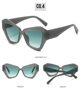 Three-view display of grey geometric sunglasses with teal gradient lenses and gold trim