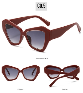 Three-view display of oversized polygon sunglasses with gradient lenses and cat-eye frame