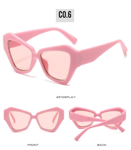 Three-view display of pink geometric polygon oversized sunglasses with thick frames