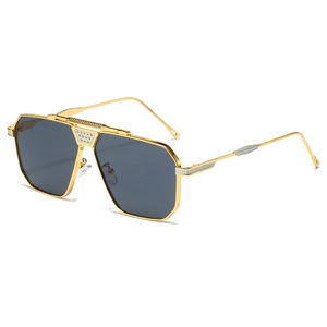 Lunettes de soleil aviateur dorées avec monture géométrique et verres gris, vue de profil