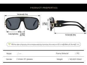 Spécifications de lunettes de soleil rétro carrées avec monture PC et dimensions détaillées