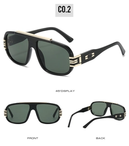 Vue multi-angles de lunettes aviateur carrées noires avec détails dorés sur la monture