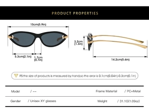 Cat-eye sunglasses sizing detail with black PC frame and golden metal temples