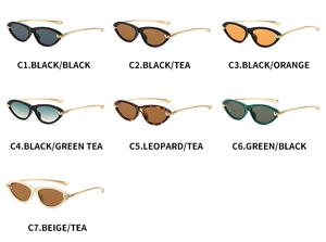 Detailed grid showing seven color variations of cat-eye sunglasses with twisted metal temples