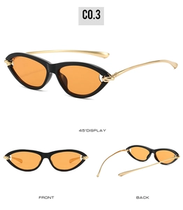 Detailed views of cat-eye sunglasses with orange lenses and gold-tone knot accents