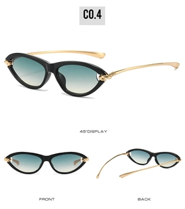 Detailed multi-angle view of cat-eye sunglasses with gold metal temples and gradient lenses