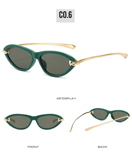 Three-view display of cat-eye sunglasses with dark green frames and golden metal temples