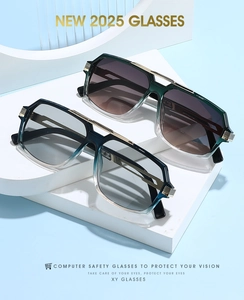 Detail view of 2025 trendy square glasses with gradient frames and gold metal accents
