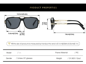 Detailed size specifications and weight of these trendy unisex PC frame square sunglasses
