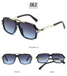 Three views showing detailed black and gold aviator sunglasses with blue gradient lenses