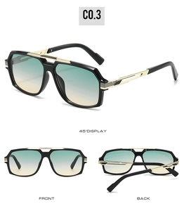 Three-way view of retro square sunglasses featuring black frames with gold metal accents