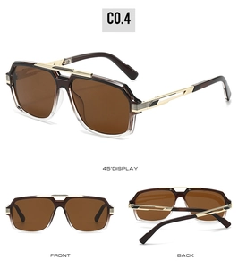 Multiple views of oversized aviator sunglasses with brown gradient lenses and gold metal stems