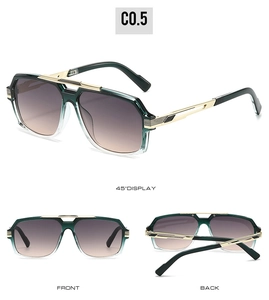 Multi-angle views of square gradient aviator sunglasses with gold metal temple details