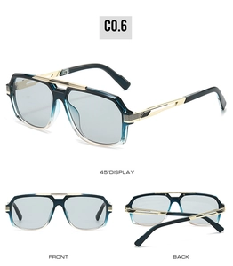 Three-view display of retro square sunglasses with gradient blue lenses and gold metal bridge
