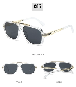 Multi-angle views of square vintage sunglasses with transparent frames and dark grey lenses