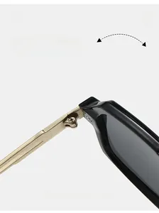 Detailed close-up of the durable golden metal hinge on black square sunglasses frame