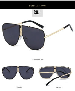 Vues détaillées de lunettes aviateur avec monture dorée et verres noirs monoblocs