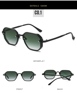 Detail view of hexagonal metal sunglasses with gradient green lenses and black frame