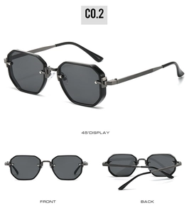 Three views of retro octagonal sunglasses with gunmetal temples and dark gray lenses